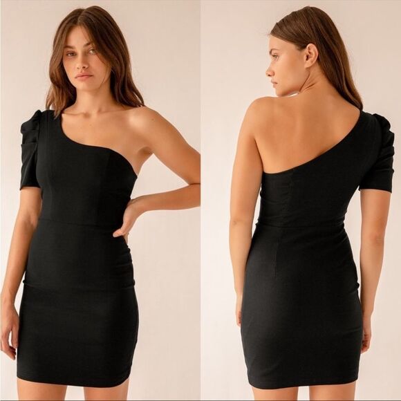 Lulu’s EUC One Shoulder Volume Sleeve Black Mid no Dress Size S Like New - Picture 1 of 9